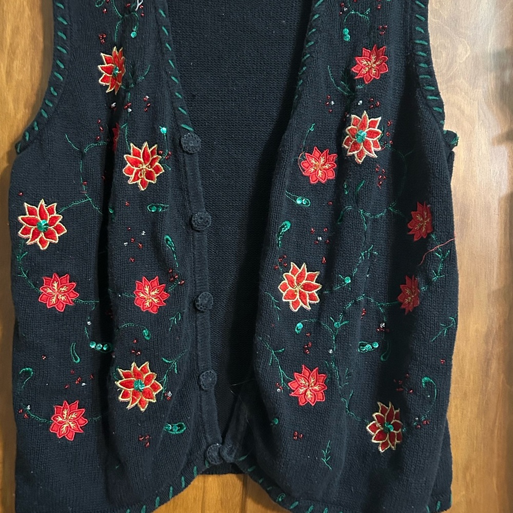 Holiday Editions - Poinsettia Christmas Sweater Vest Sequins & Beads